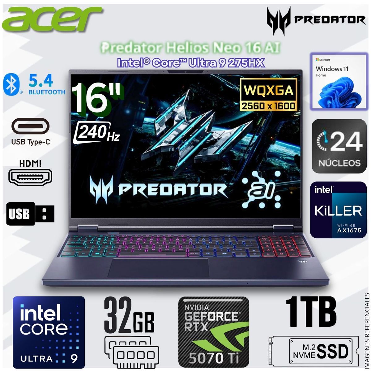 ACER - Laptop Gamer Acer Predator Helios Neo Intel Core Ultra 9 275HX Geforce RTX™ 5070 Ti 32GB RAM 1TB SSD