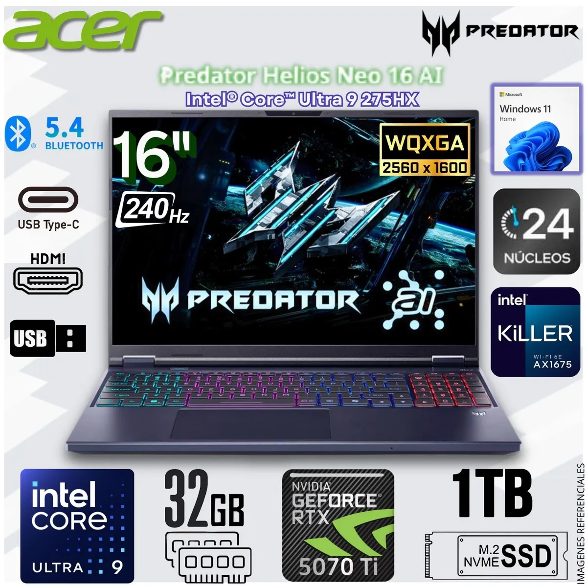 ACER - Laptop Gamer Acer Predator Helios Neo Intel Core Ultra 9 275HX Geforce RTX™ 5070 Ti 32GB RAM 1TB SSD