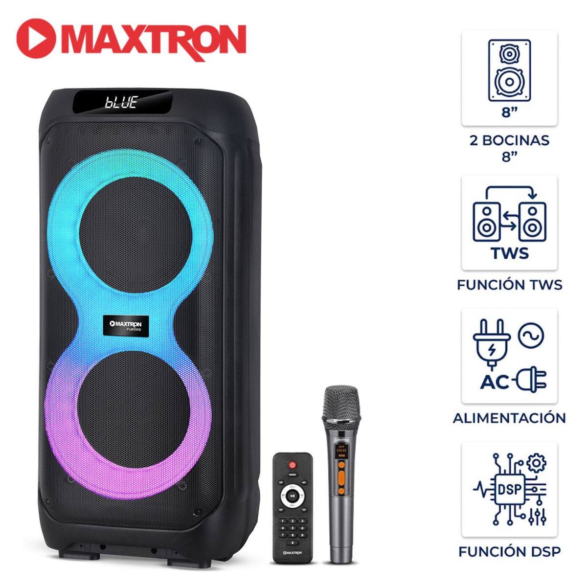 MAXTRON - Torre de Sonido Maxtron Furore MX 807 Bocinas de 8” TWS BT USB Iluminación LED RGB