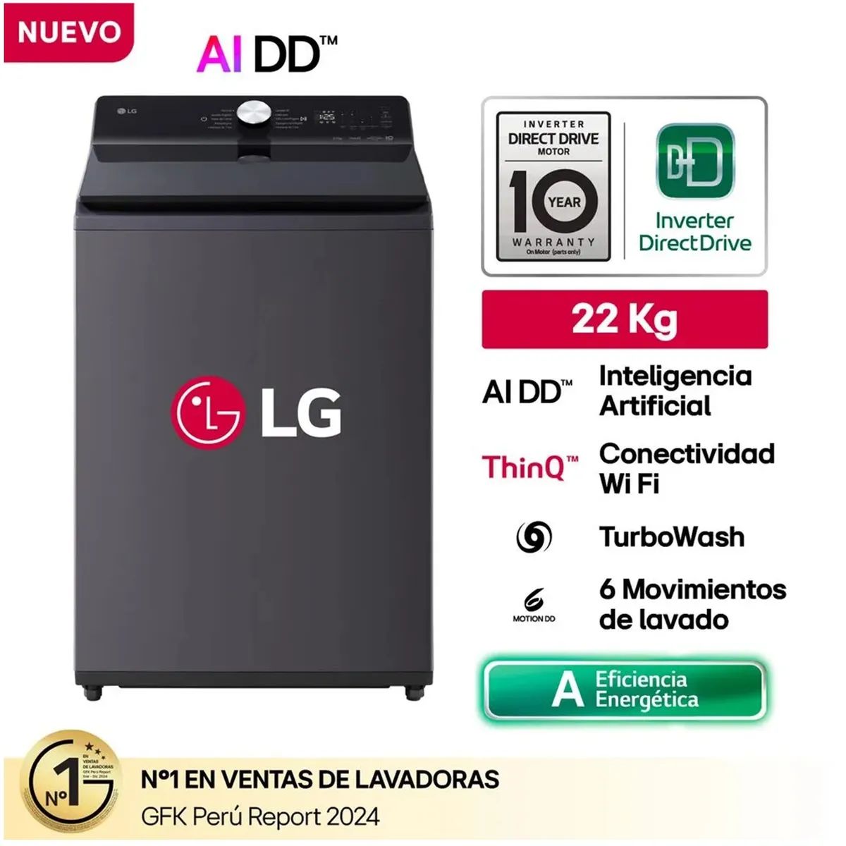 LG - Lavadora LG WT22EGTX 22Kg con Inteligencia Artificial Carga Superior Negro