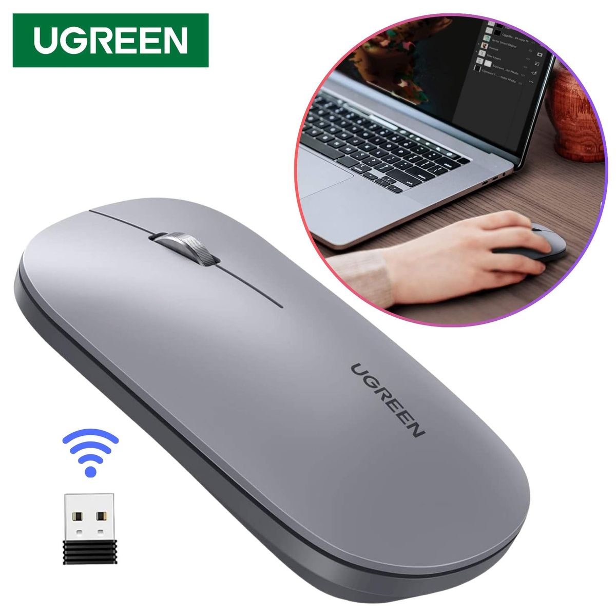 UGREEN - Mouse Inalámbrico 2.4GHz Ergonómico UGREEN Clic Silencioso para PC  Macbook
