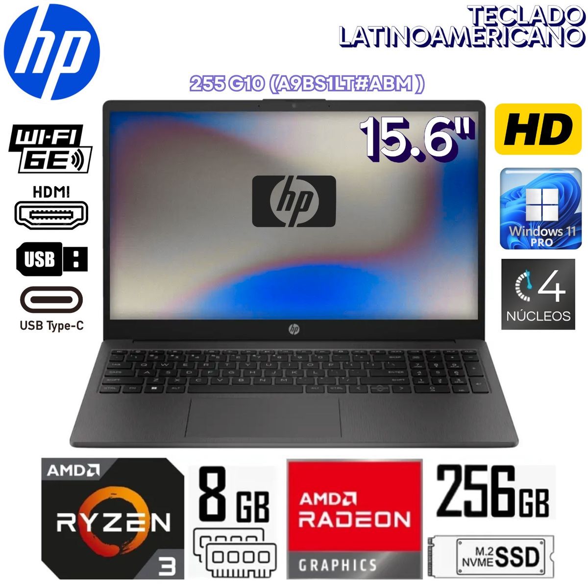 HP - Laptop HP 255 G10 15.6" HD AMD Ryzen 3-7320U AMD Radeon™ Graphics 8GB RAM 256GB SSD Win 11 - A9BS1LT
