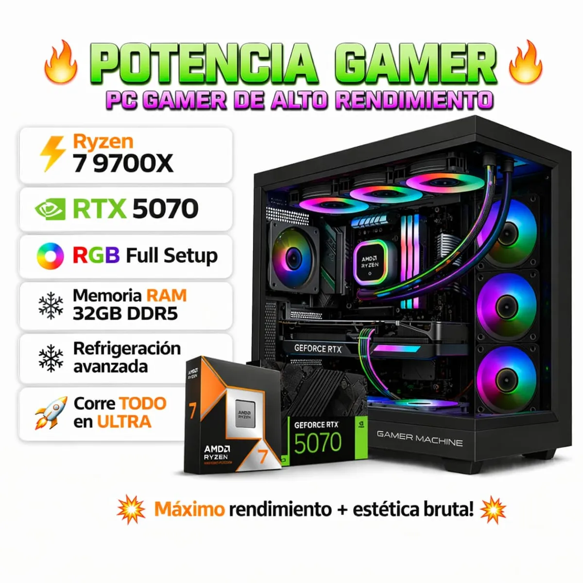 PC Gamer Pro ULTRA XTREME Ryzen 7 9700X RAM 32GB DDR5 SSD 1TB GRAFICA ASUS RTX 5070 12GB, marca RYZEN - Foto Principal