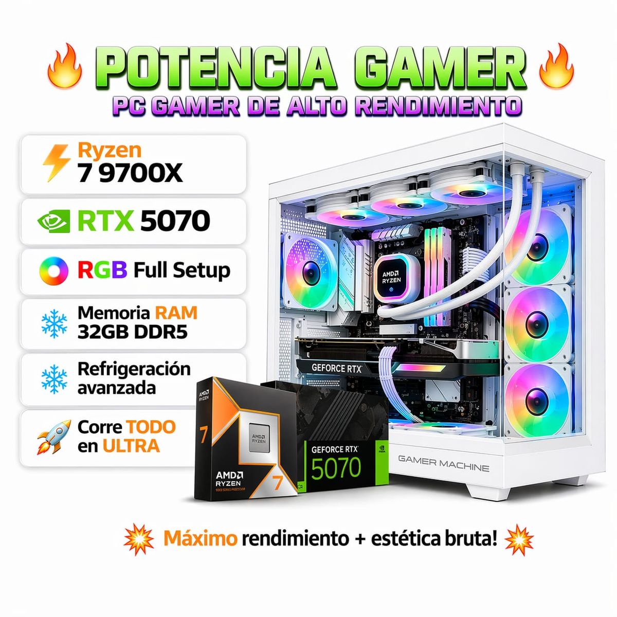RYZEN - PC Gamer Pro ULTRA XTREME Ryzen 7 9700X RAM 32GB DDR5 SSD 1TB GRAFICA ASUS RTX 5070 12GB