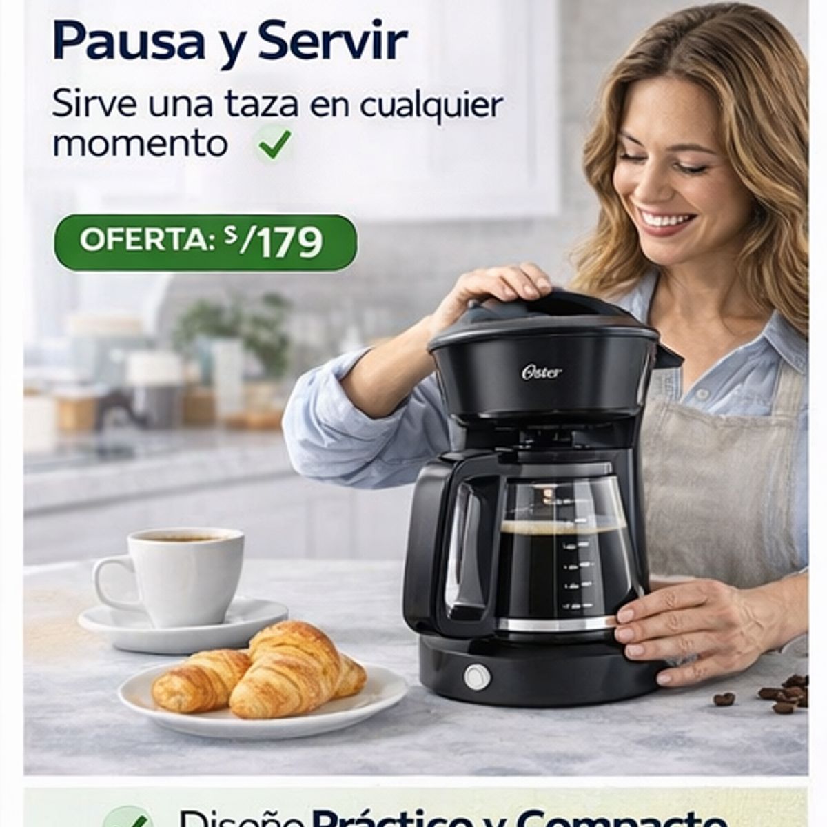 OSTER - Cafetera Oster 12 Tazas BVSTDCS12B con Filtro Permanente - Función Pausa y Servir - Jarra de Vidrio