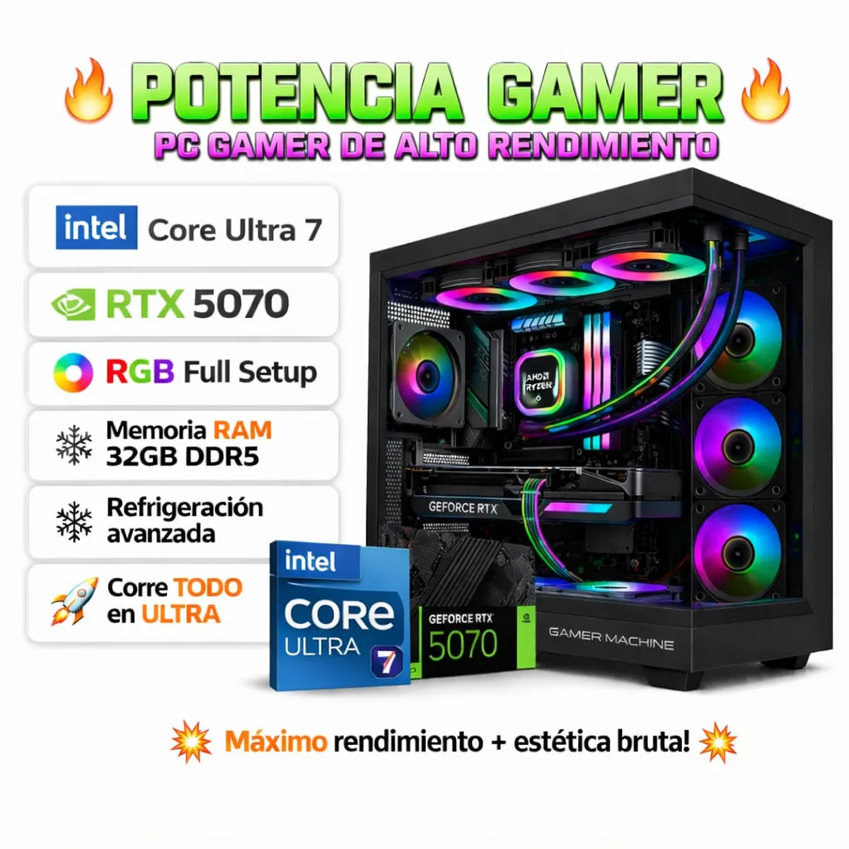INTEL - PC Gamer Pro ULTRA XTREME INTEL CORE ULTRA 7 265KF RAM 32GB DDR5 SSD 1TB GRAFICA ASUS RTX 5070 12GB