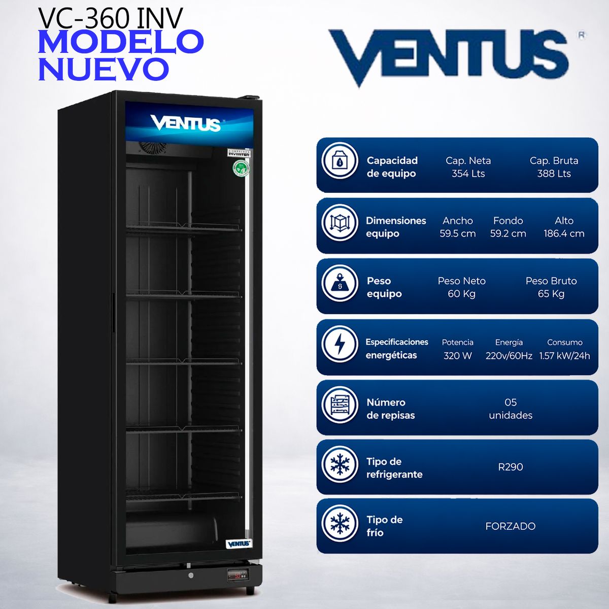 VENTUS - VISICOOLER INVERTER NEGRO 1 PTA 360L VENTUS VC-360 INV