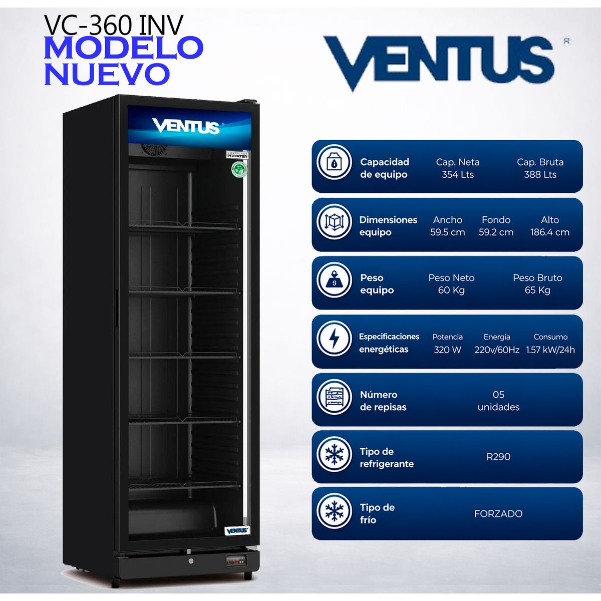 VENTUS - VISICOOLER INVERTER NEGRO 1 PTA 360L VENTUS VC-360 INV