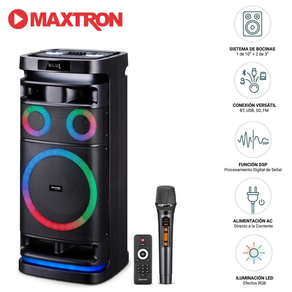MAXTRON - Torre de Sonido Maxtron Harmonix MX 1021 TWS BT USB con Ecualizador Gráfico 01 MIC