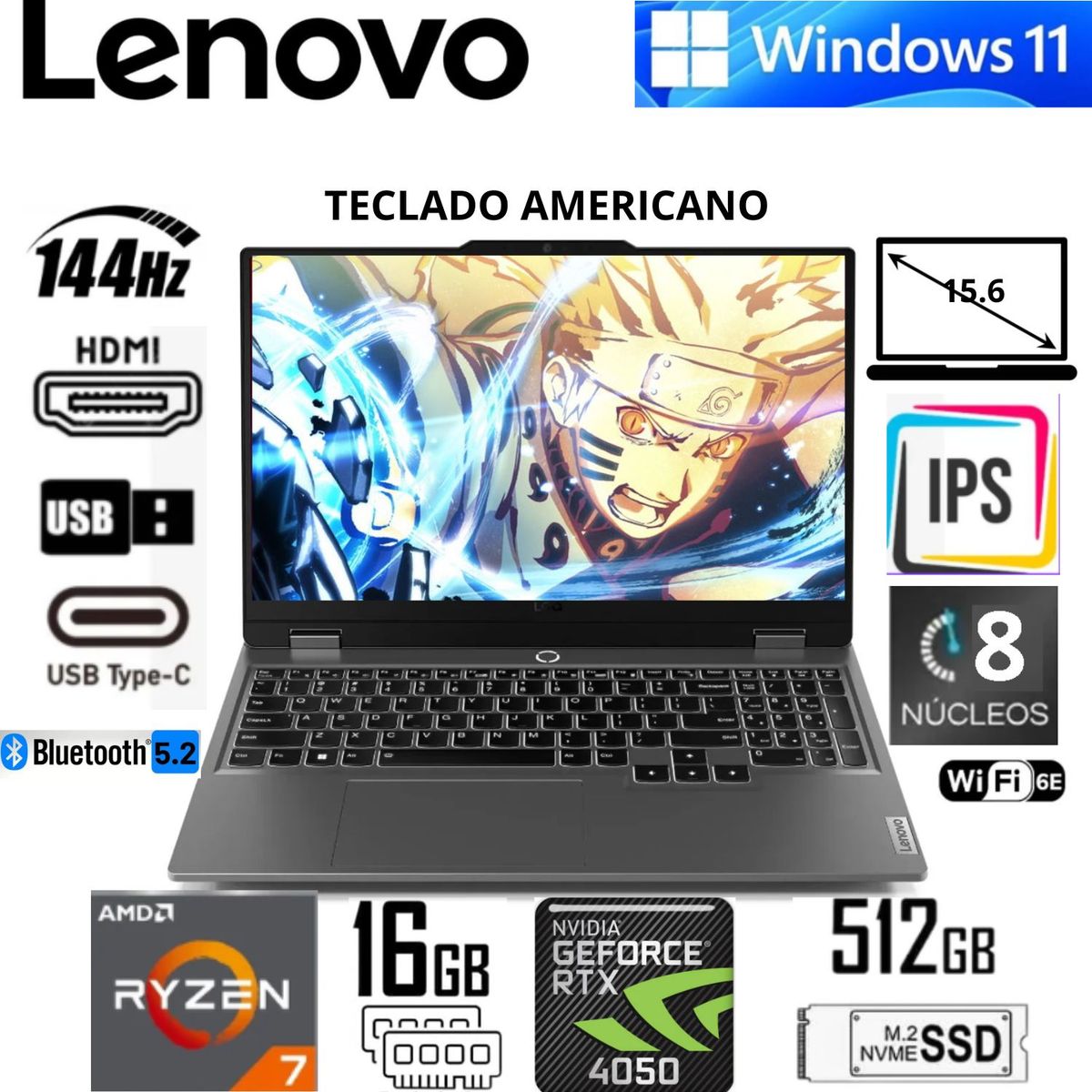 LENOVO - Laptop Lenovo 15.6" Ryzen 7 7735HS 16GB 512GB SSD RTX 4050 6GB FHD 144Hz Luna Grey Modelo 83S00000US