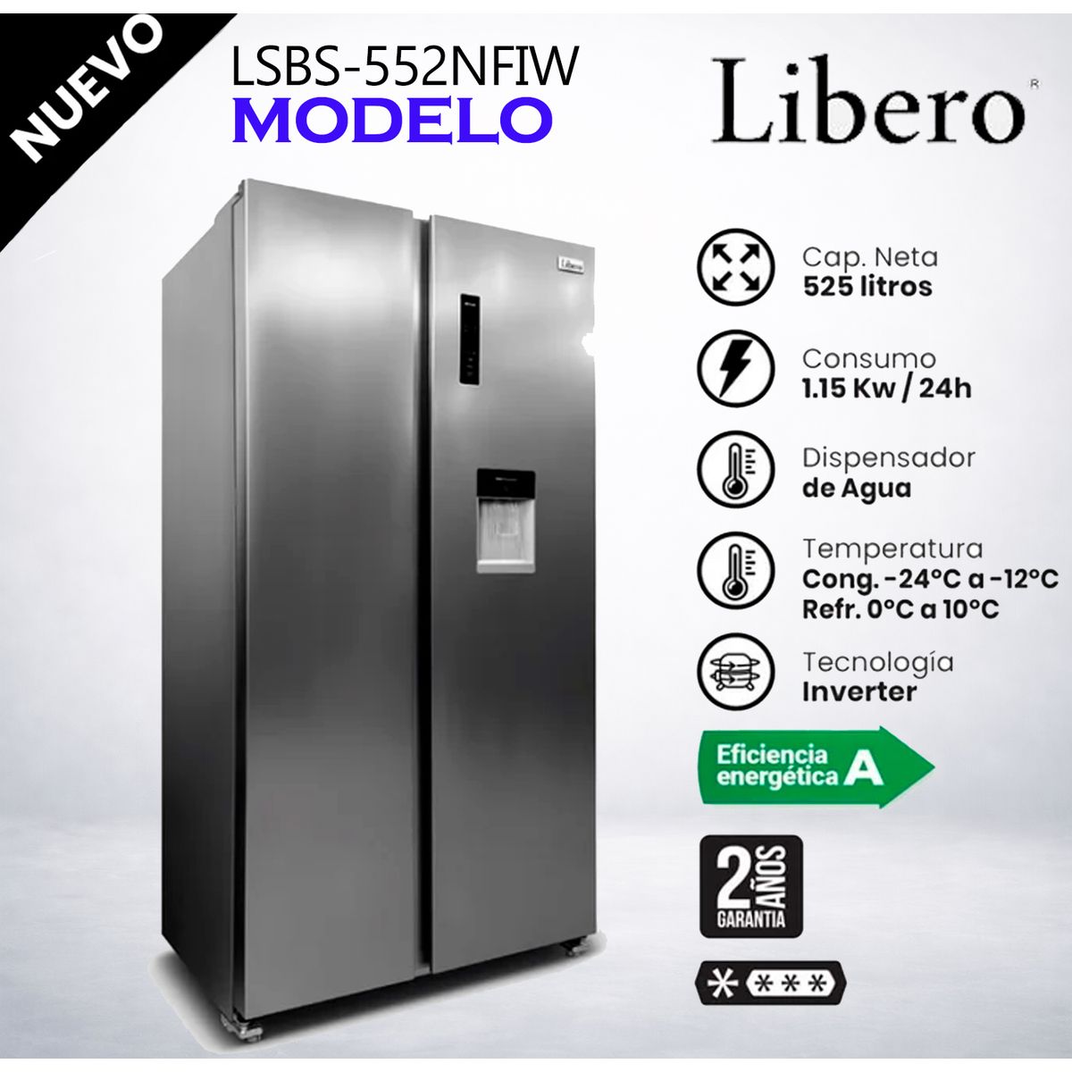LIBERO - REFRIGERADORA SIDE BY SIDE 525L LIBERO LSBS-552NFIW