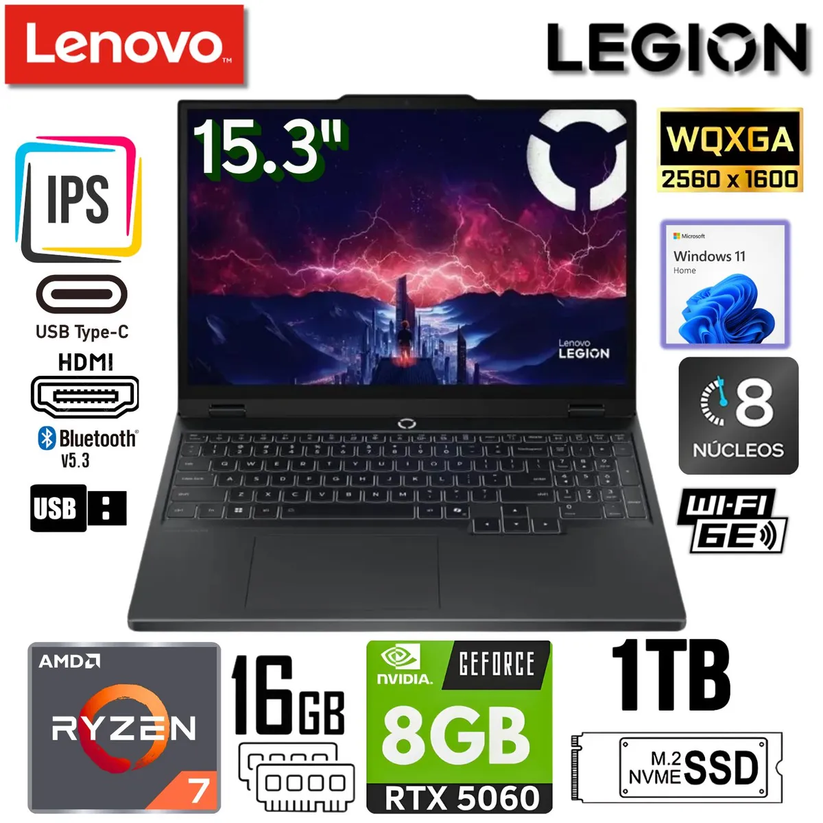 Laptop Lenovo Legion 5 15AHP10 AMD Ryzen 7 260 16GB RAM 1TB SSD RTX 5060-8GB 15.3" WUXGA 165Hz, marca LENOVO - Foto Principal