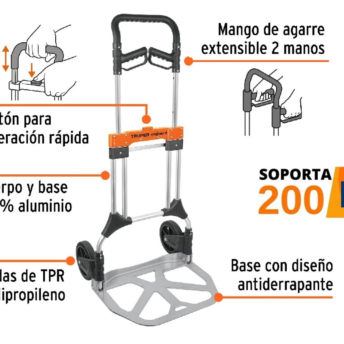 TRUPER - Carreta Plegable Diablo de Carga 200 kg de Aluminio Truper