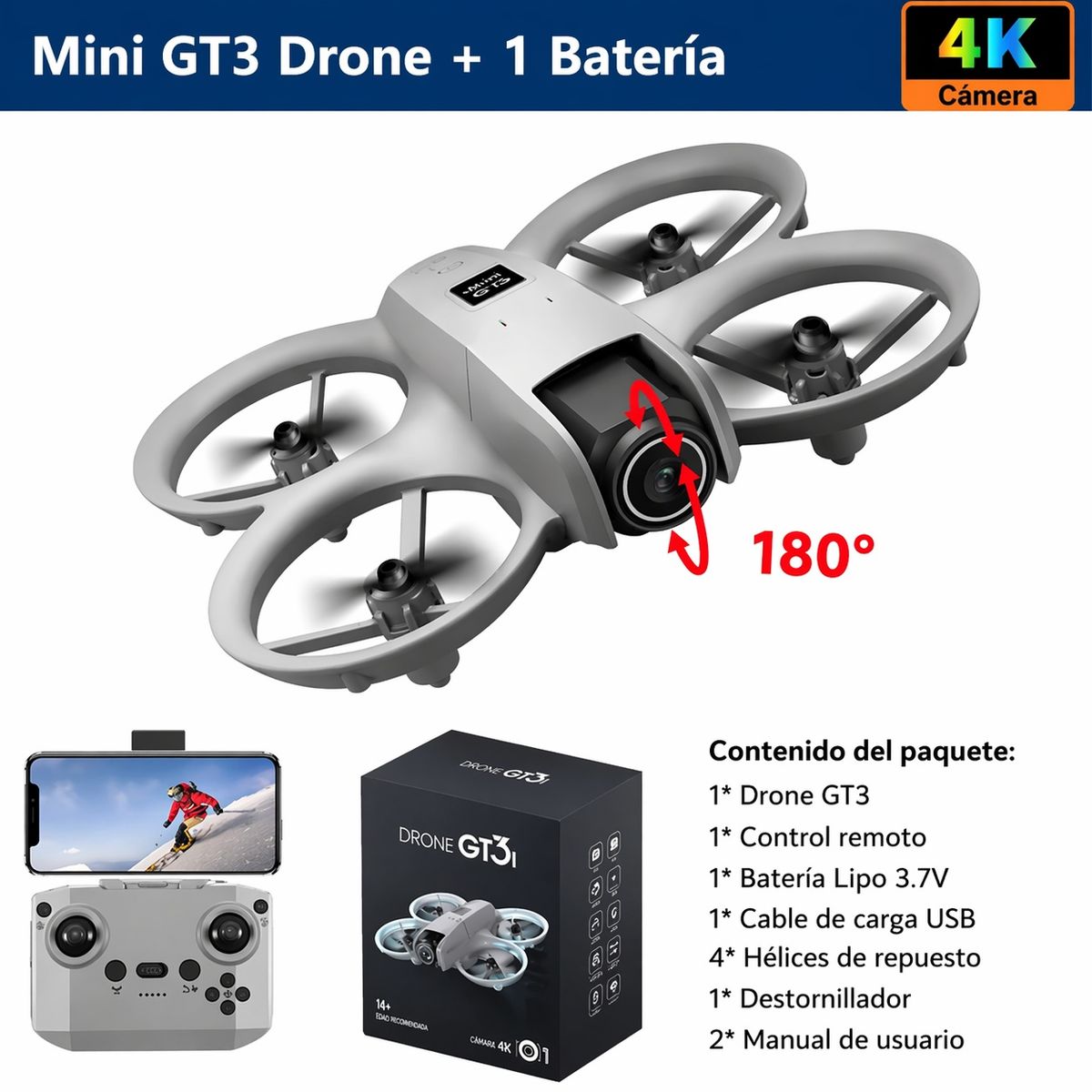 GENERICO - Mini Drone GT3 Dual Camera 4K Luces LED Lentes de Realidad Virtual  VR + CR Regalo Navidad Genieka
