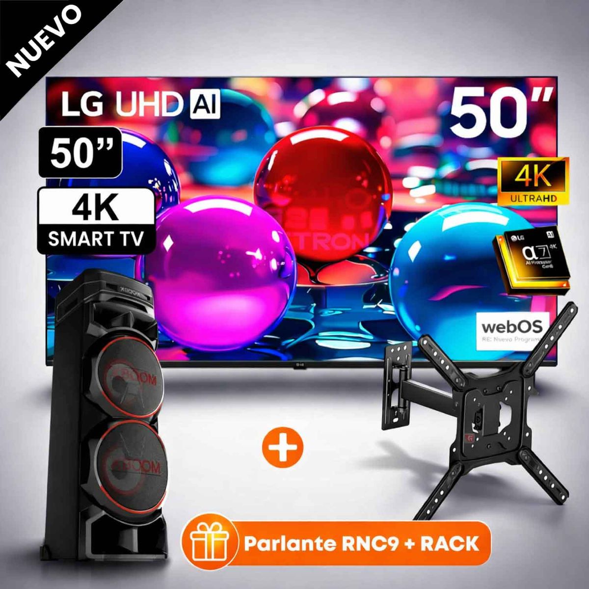 LG - Televisor Lg 50 Pulg Ultra HD 4K AI ThinQ 50UA7300PSB Modelo 2025 + Parlante RNC9 + Rack