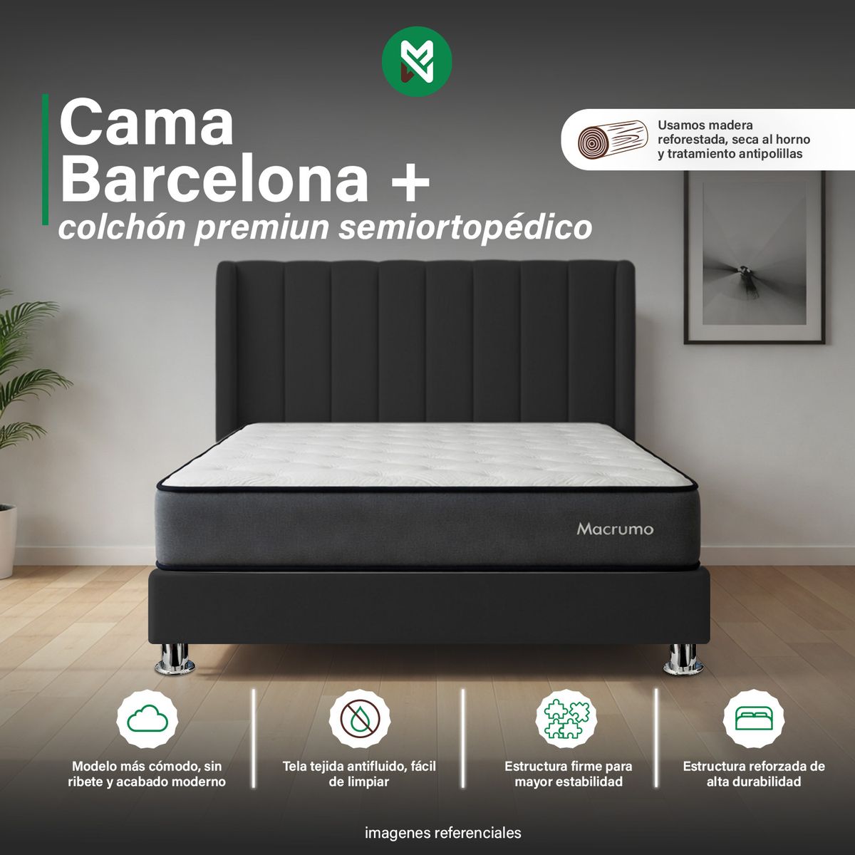 MUEBLES MACRUMO - Combo Cama tapizada Barcelona-15 - Negro+colchón premium semiortopédico