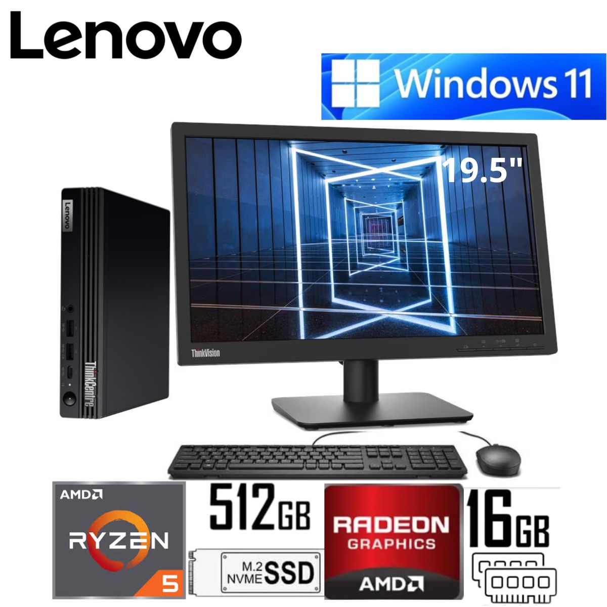 LENOVO - Mini pc Lenovo ThinkCentre M75q Gen 5 AMD Ryzen 5 8500GE 16GB 512GB  MONITOR  THINKVISION E20-30 19.5" 62F7KAR4LA