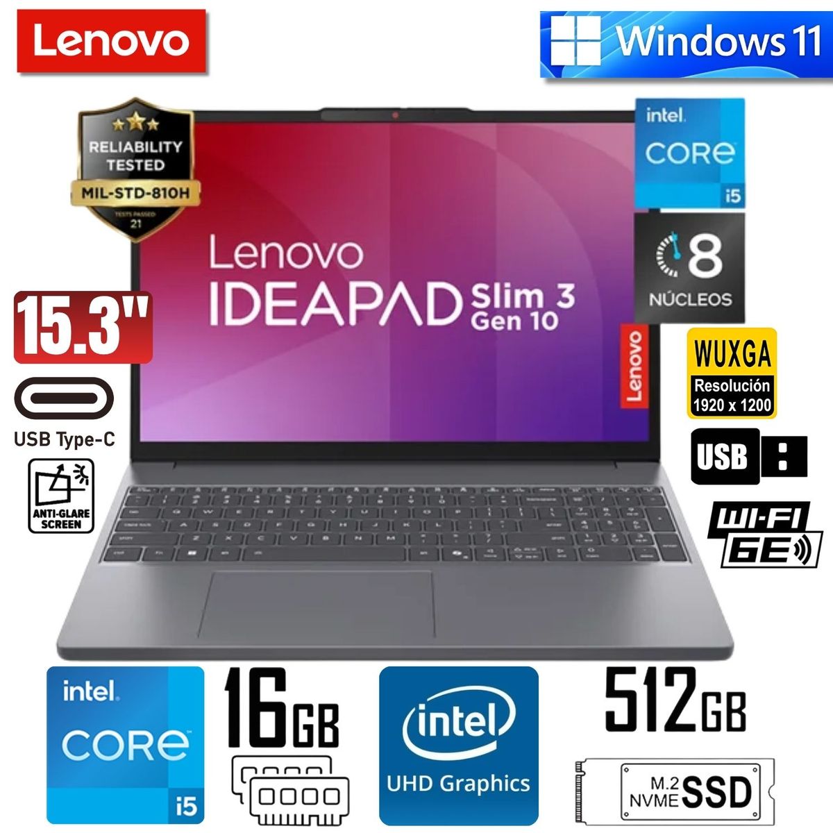 LENOVO - Laptop Lenovo IdeaPad Slim 3i de 15.3, Intel Core i5-13420H 13va Gen, 16GB RAM, SSD 512GB, 83K100KLLM