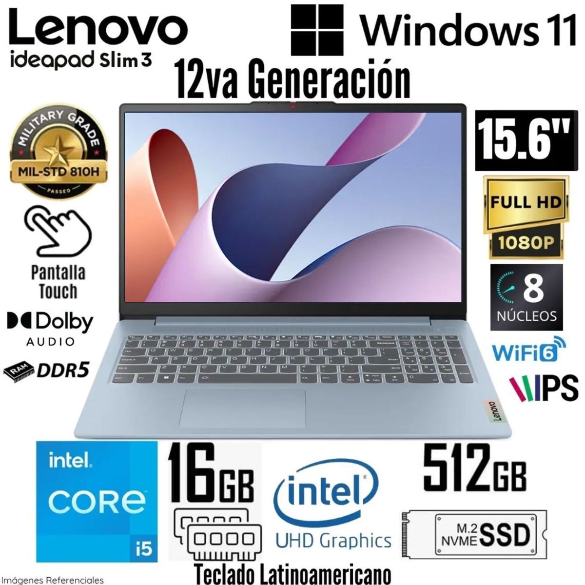 LENOVO - Laptop Lenovo IdeaPad Slim 3 15IAH8 Intel Core i5-12450H 16GB RAM 512GB SSD 15.6" FHD Tácti