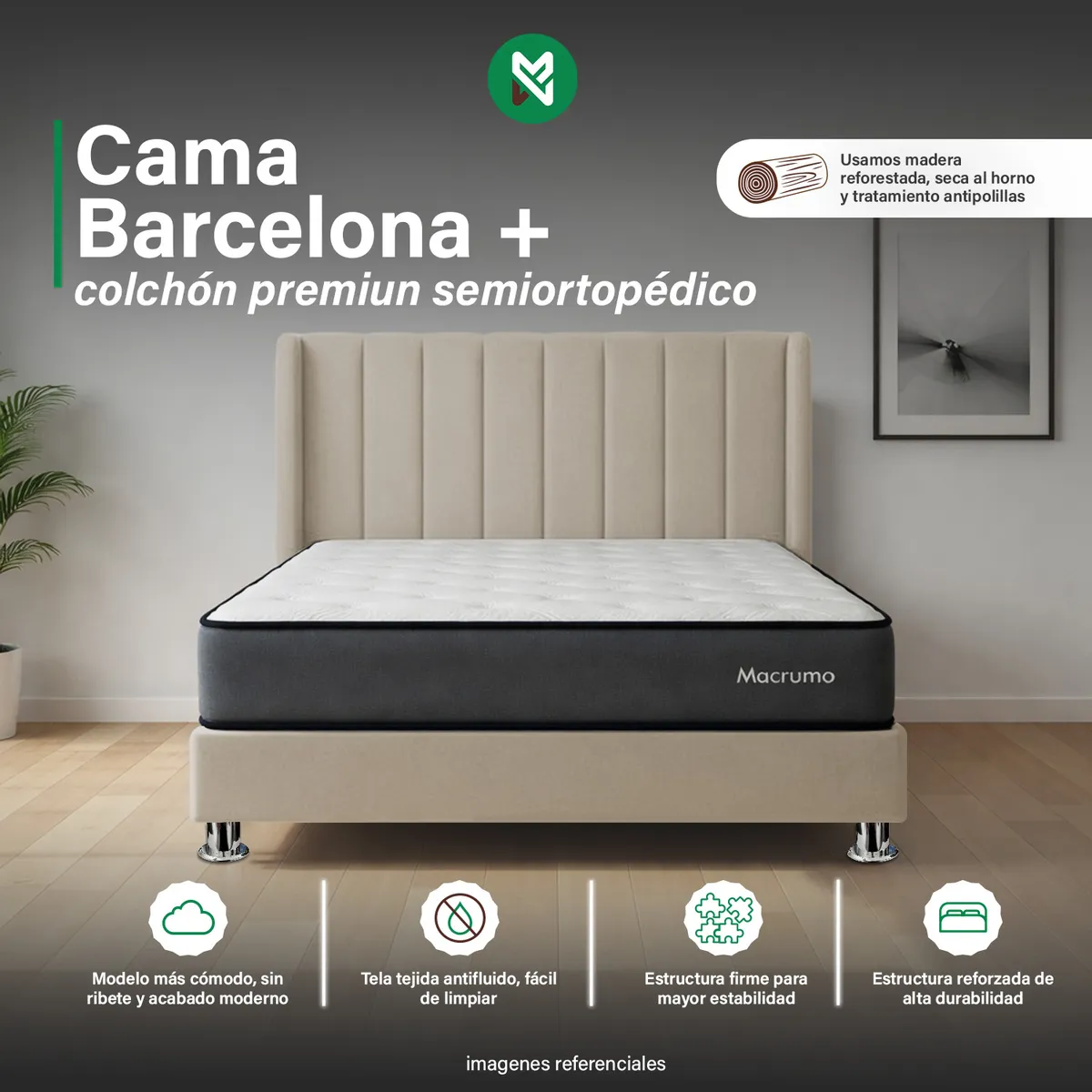 MUEBLES MACRUMO - Combo Cama tapizada Barcelona -Queen - Beige claro +colchón premium semiortopédico
