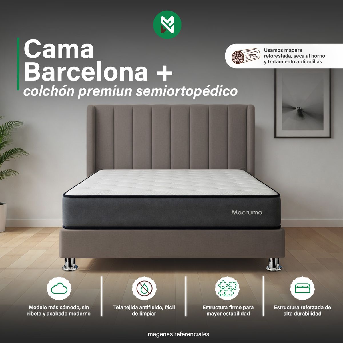 MUEBLES MACRUMO - Combo Cama tapizada Barcelona -Queen - Beige Oscuro +colchón premium semiortopédico