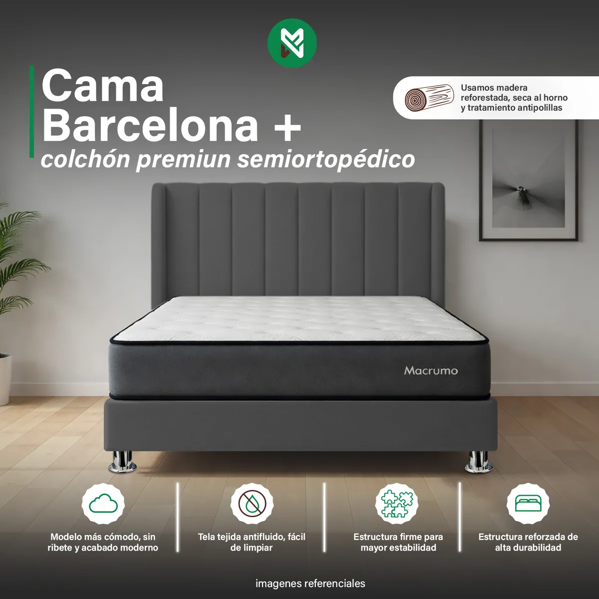 MUEBLES MACRUMO - Combo Cama tapizada Barcelona-15 Pz  Gris oscuro + colchón premium semiortopédico