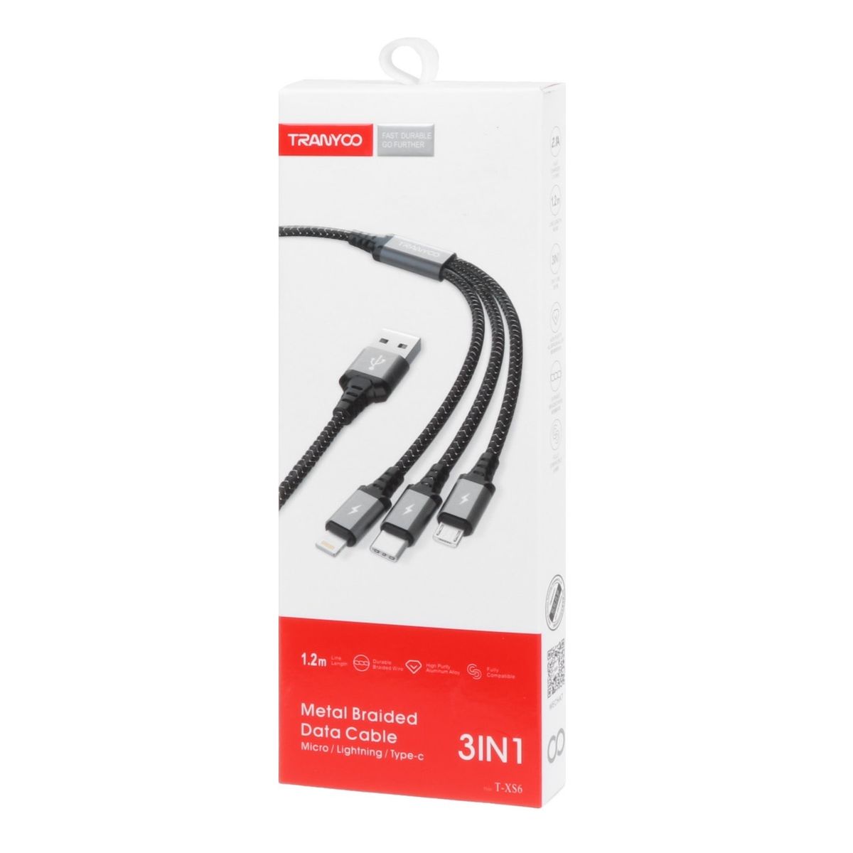TRANYOO - Cable 3 En 1 Trenzado Metálico 65 w Negro