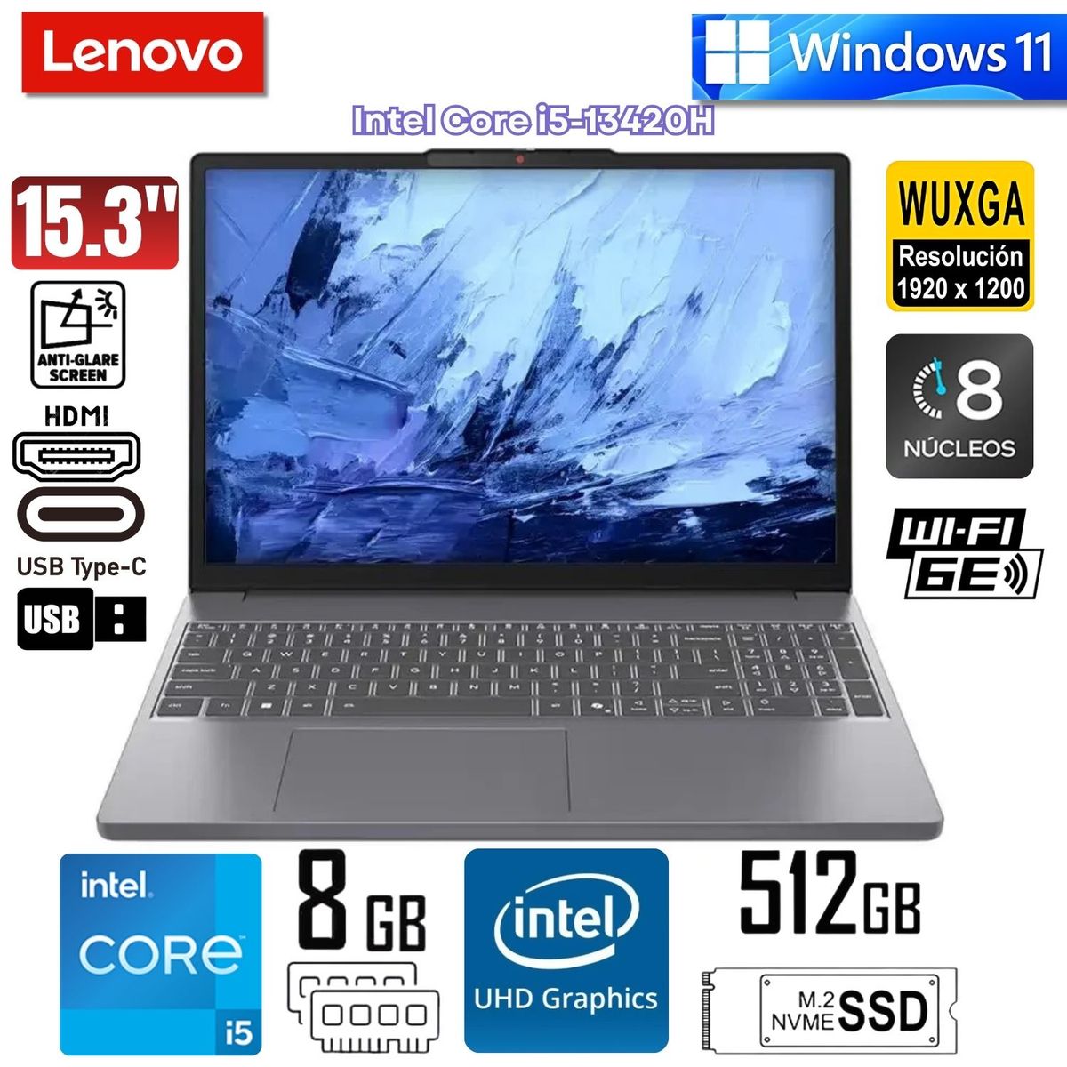 LENOVO - Laptop Lenovo IdeaPad Slim 3 15IRH10 15.3" WUXGA IPS, Core i5-13420H, Ram 8GB, Ssd 512GB, Win 11 Pro