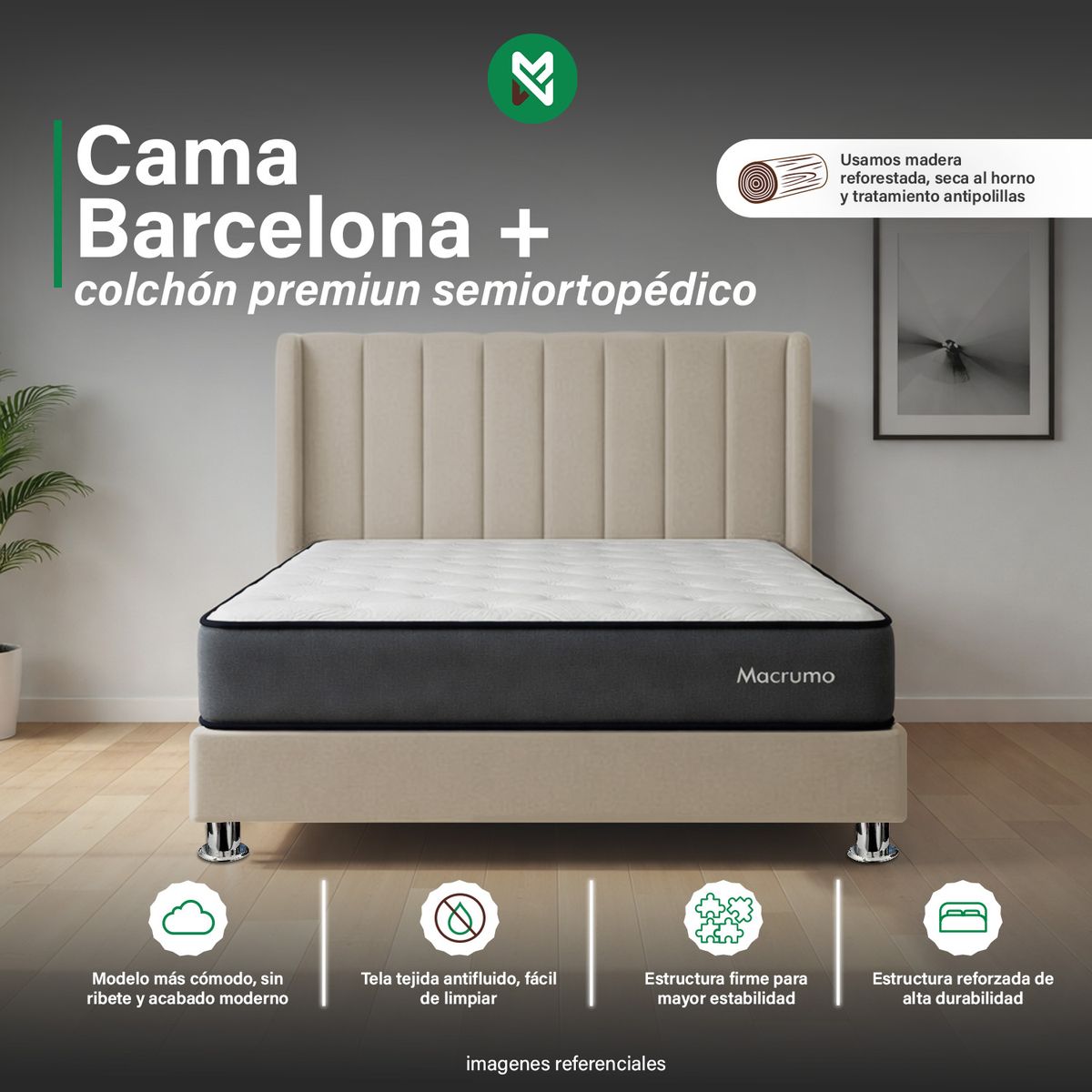 MUEBLES MACRUMO - Combo Cama tapizada Barcelona - Queen - Beige claro + colchón premium semiortopédico
