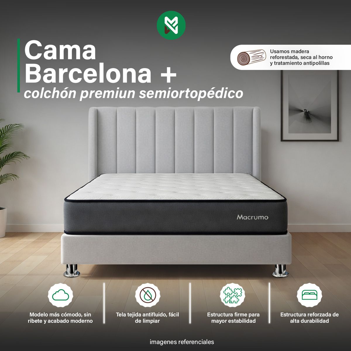 MUEBLES MACRUMO - Combo Cama tapizada Barcelona - Queen - Gris claro + colchón premium semiortopédico
