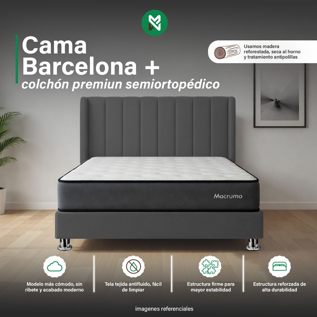 MUEBLES MACRUMO - Combo Cama tapizada Barcelona - Queen - Gris Oscuro + colchón premium semiortopédico