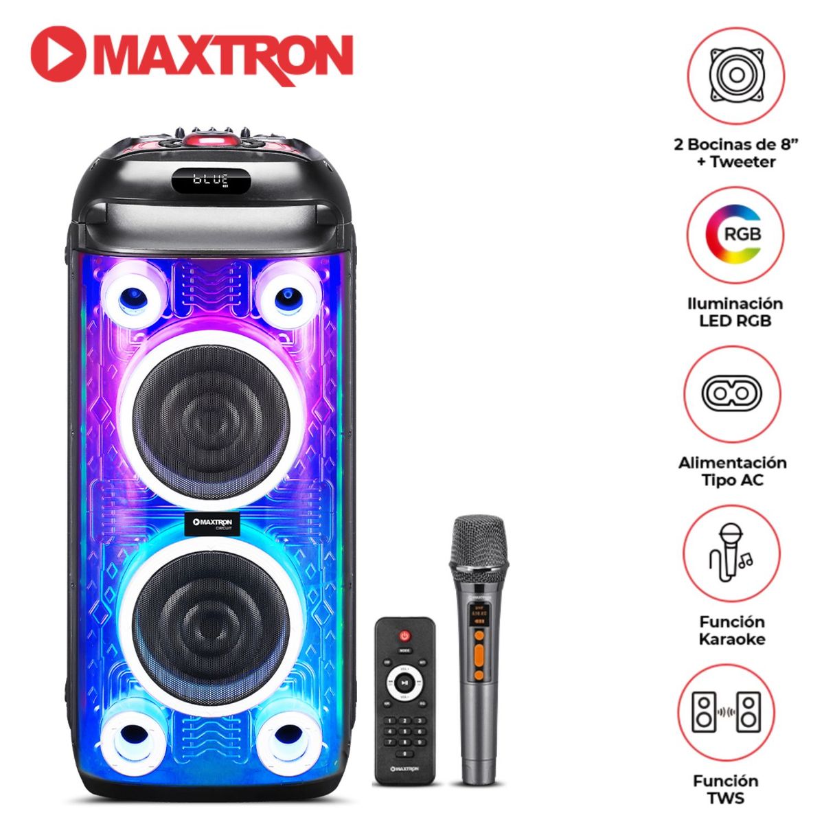 MAXTRON - Torre de Sonido Maxtron Circuit MX 806 Bocinas de 8” TWS BT USB Iluminación LED RGB