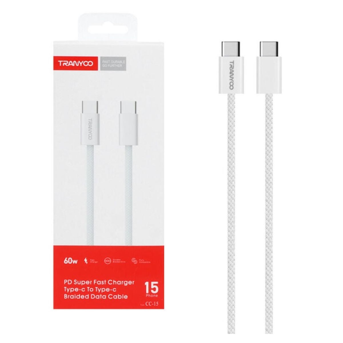 TRANYOO - Cable Tipo C A Tipo C blanco 1 metros marca Tranyoo
