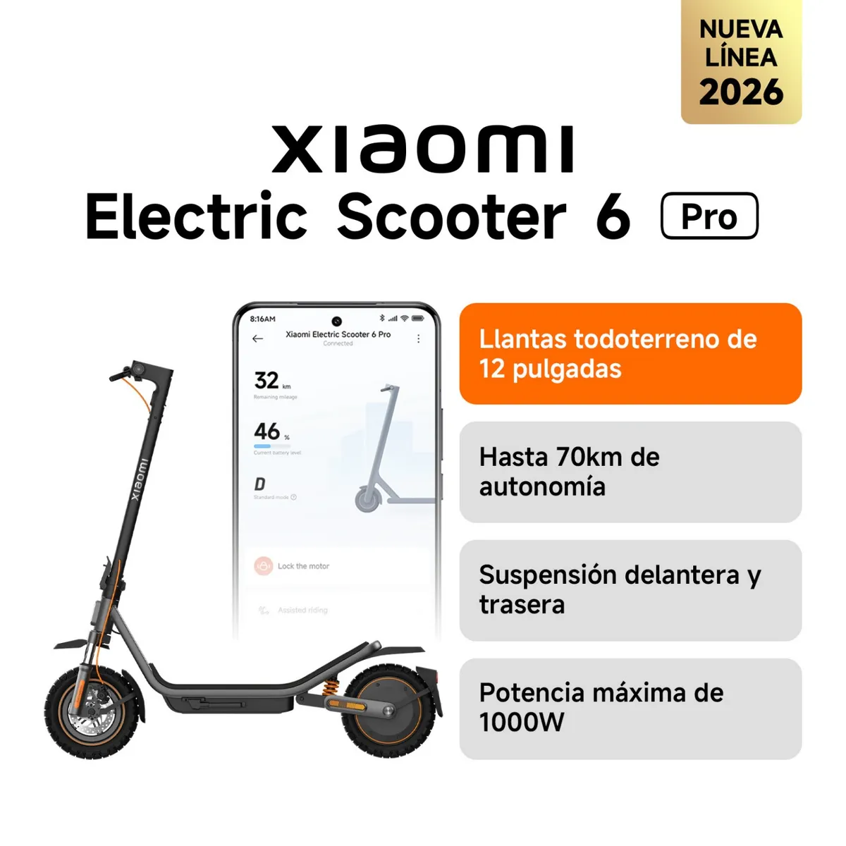 XIAOMI - Xiaomi Scooter Eléctrico 6 Pro Plegable Autonomía 70km Máx 25km/h Neumáticos 12"1000W Suspensión