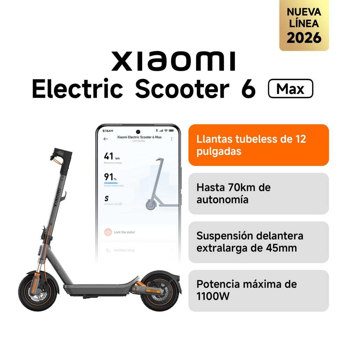 XIAOMI - Xiaomi Scooter Eléctrico 6 Max Plegable Autonomía 70km Máx 25km/h Neumáticos 12"1100W Suspensión