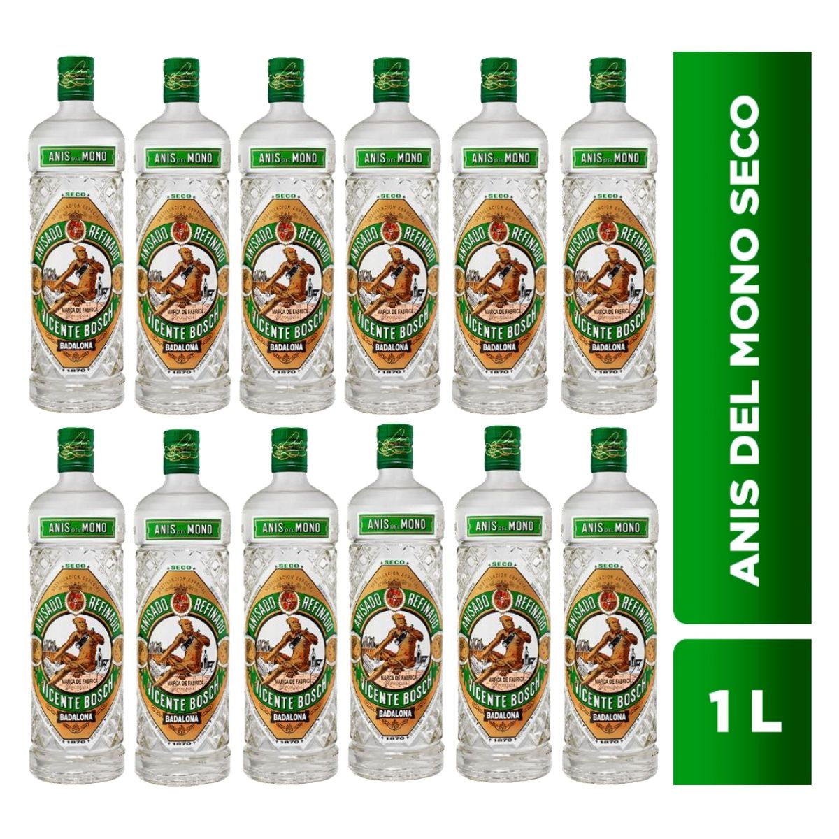 GENERICO - LICOR ANIS DEL MONO VERDE BOTELLA 1L - 12 UND