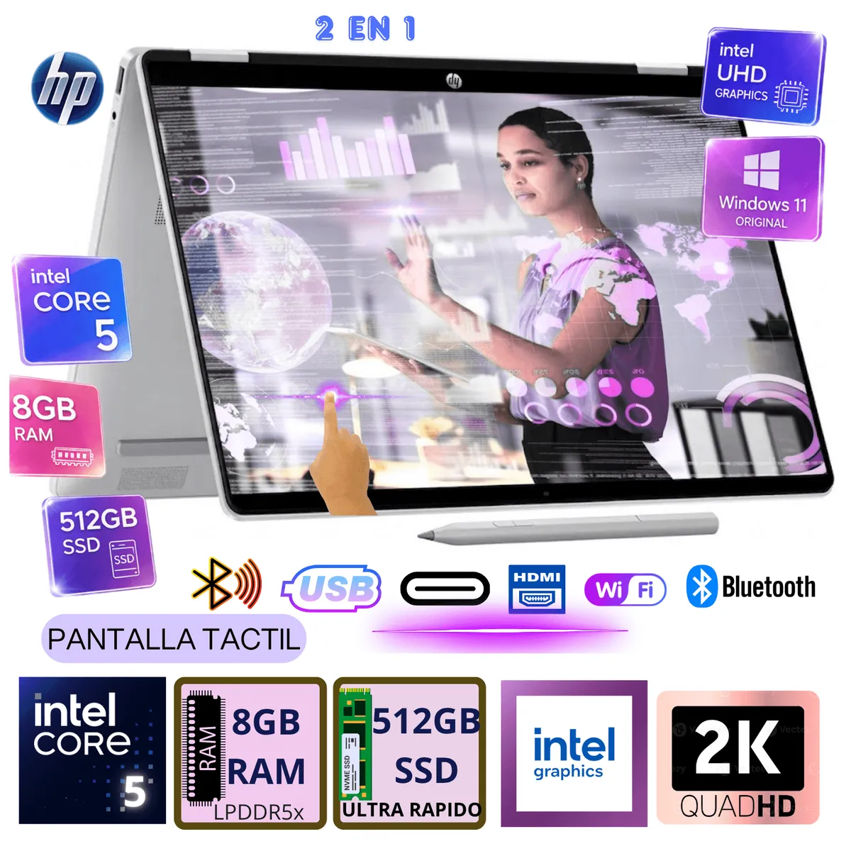HP - LAPTOP HP 2 EN 1 CORE 5 120U 8GB 512GB SSD 14" 2K PANTALLA TACTIL WINDOWS 11.