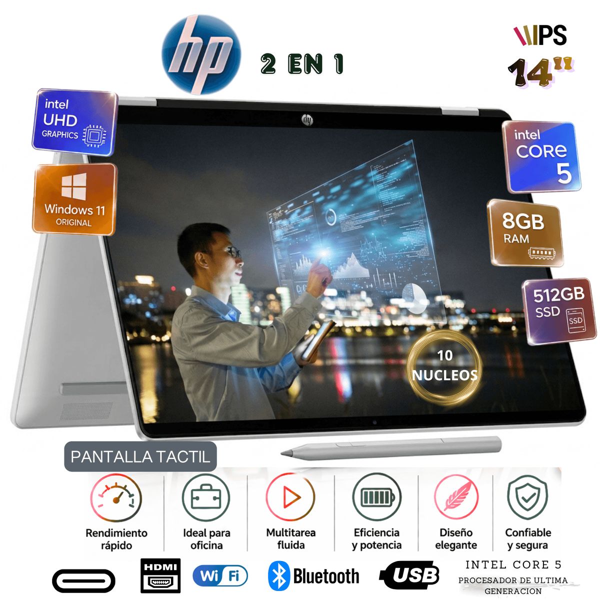 HP - LAPTOP HP 2 EN 1 CORE 5 120U 8GB 512GB SSD 14" 2K PANTALLA TACTIL WINDOWS 11