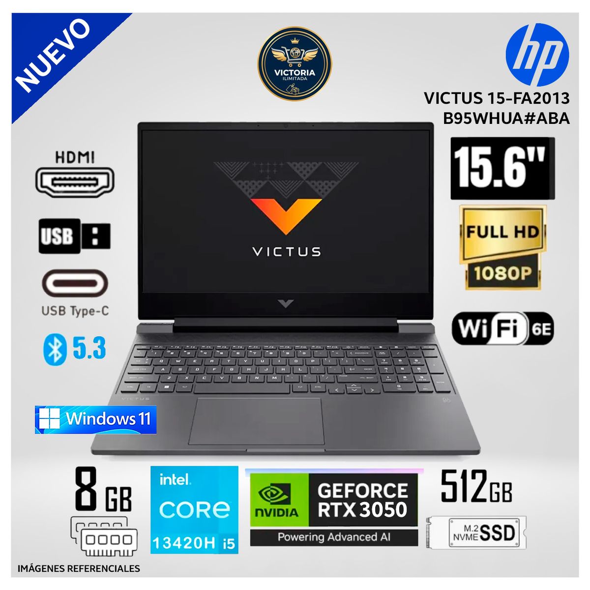 HP - Laptop HP Victus 15-FA2013DX Intel Core i5 13420H 8GB RAM 512GB SSD RTX 3050 6GB 15.6" FHD Windows 11 (B95WHUA#ABA)