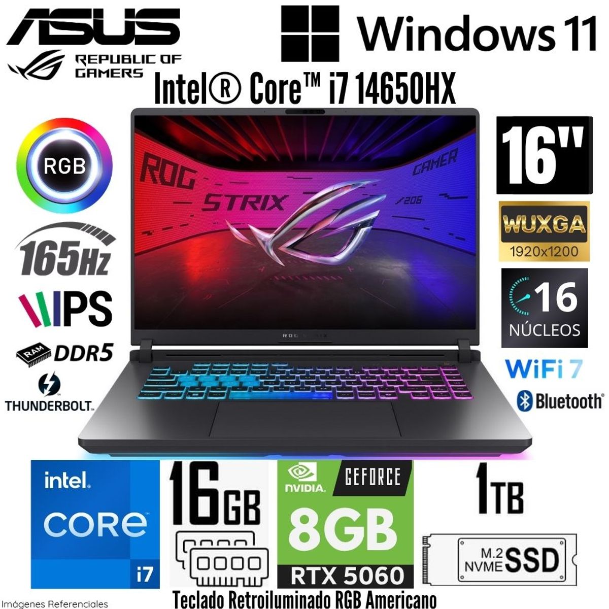 ASUS - Laptop Asus ROG STRIX G16 G615JMR Intel Core i7-14650HX 16GB RAM 1TB SSD RTX 5060-8GB 16 WUXGA
