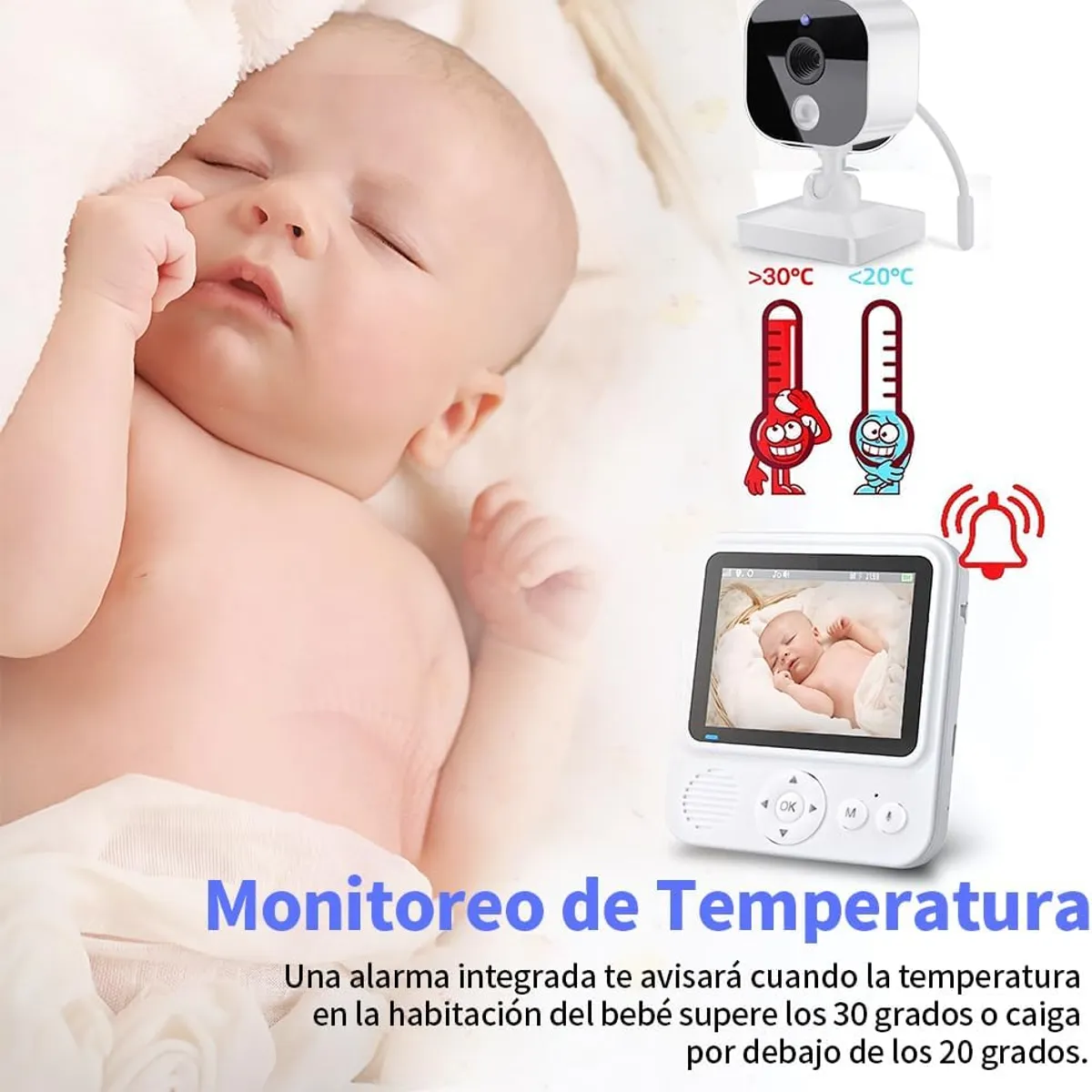 PUREPOWER - Monitor de Bebé con Cámara y Audio, con Visión Nocturna, Two-Way Talk,Nana,Sensor de Temperatura