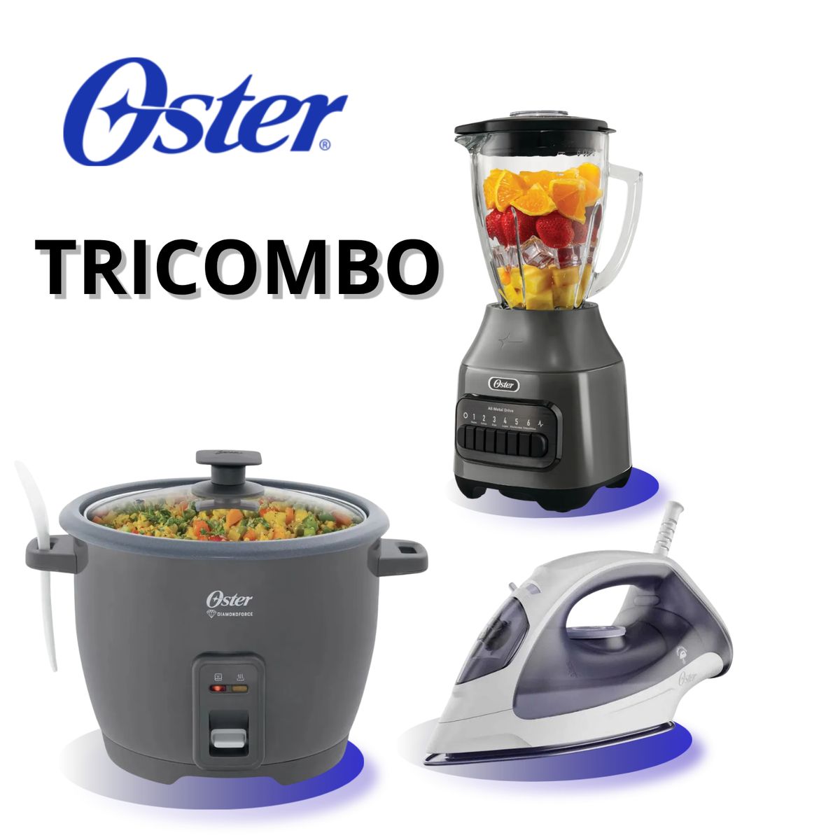 OSTER - Combo Licuadora de 6 velocidades + olla arrocera de 1.8 + Plancha de vapor Oster