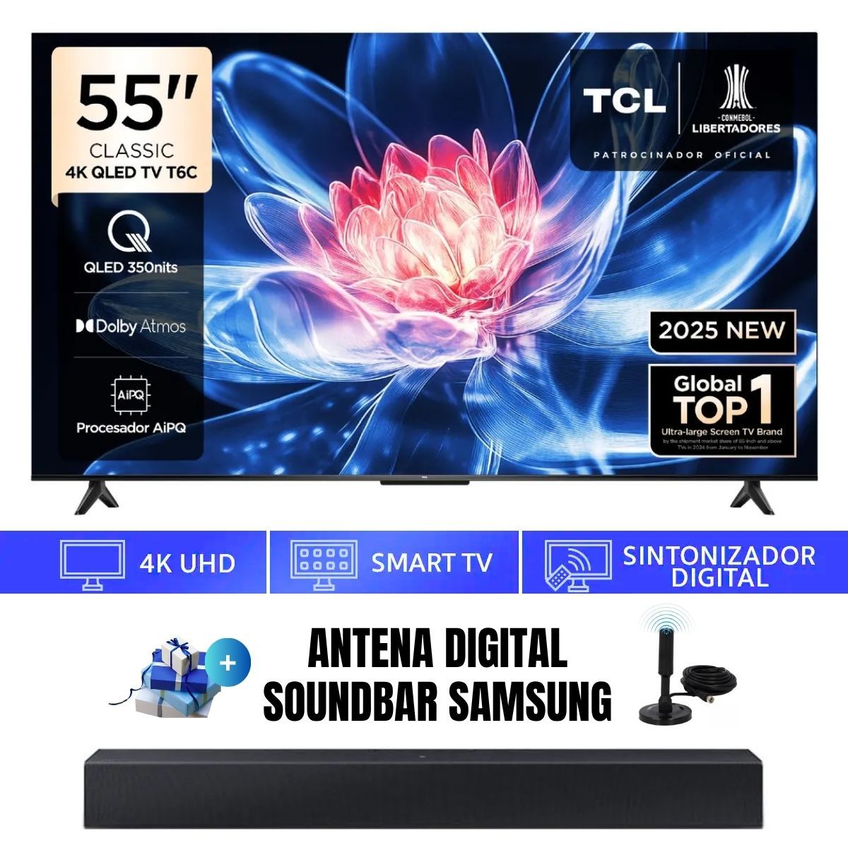 TCL - Televisor TCL 55'' QLED UHD 4K 55T6C GoogleTV 2025 + ANT + SOUNDBAR SAMSUNG