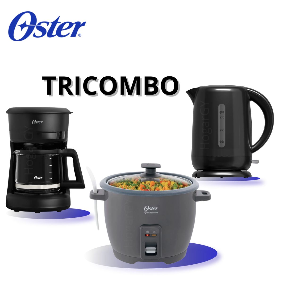 OSTER - Combo de Cafetera 5 Tazas Negra Oster + OLLA ARROCERA OSTER 1.8 L+ hervidor electricos oster