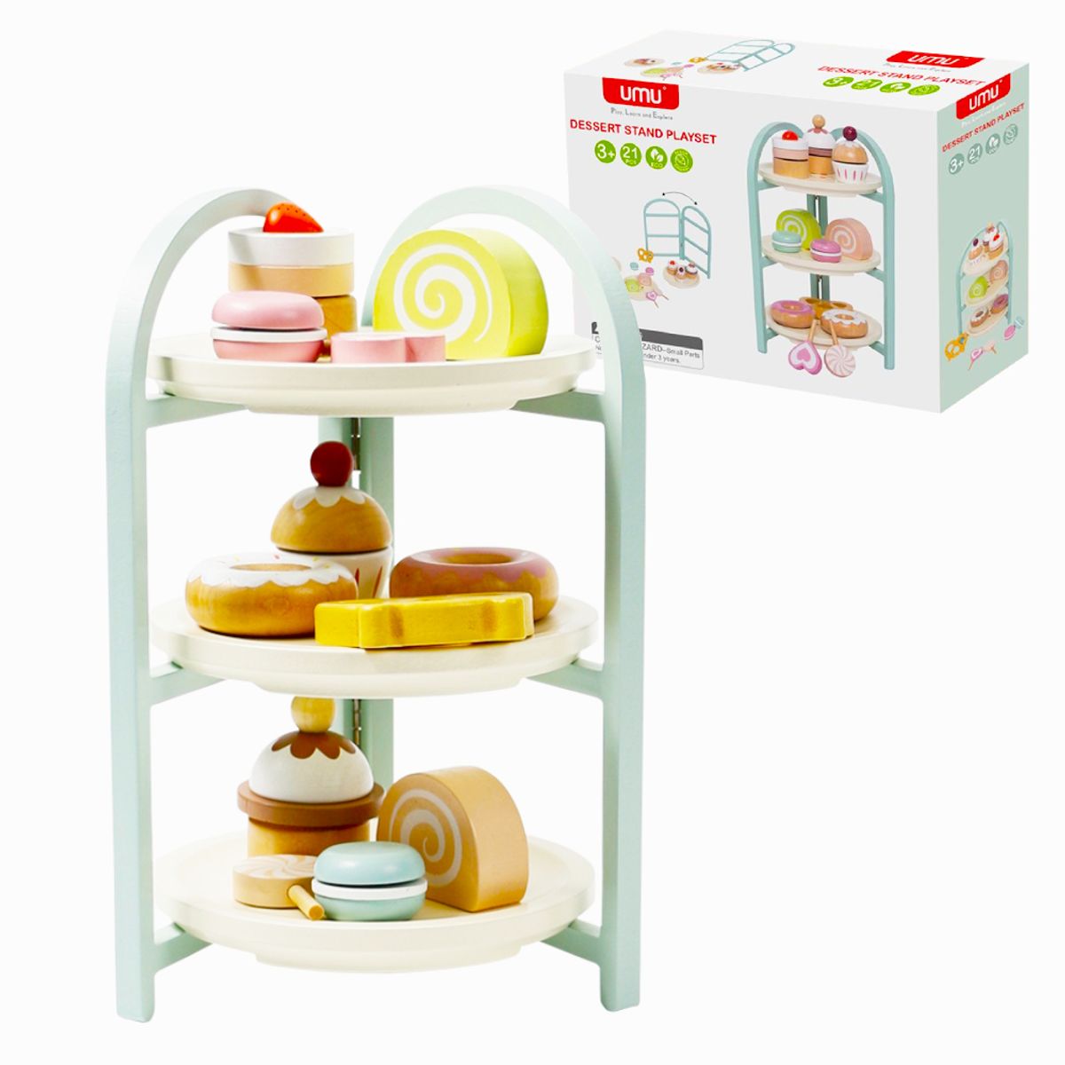 GENERICO - Set de Postres de Madera con Exhibidor 3 Niveles Juguete Didáctico
