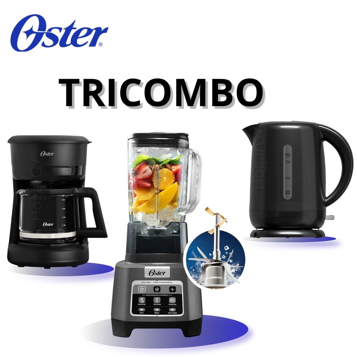 OSTER - Licuadora Xtreme Mix 2l + Programas Automáticos + Cafetera 5 Tazas Negra Oster + hervidor electrico