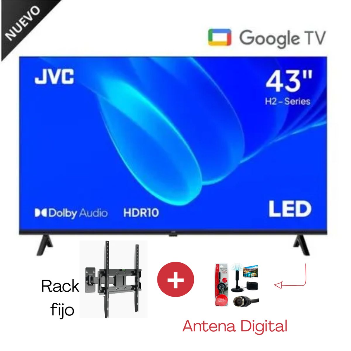 GENERICO - TELEVISOR JVC 43'' FHD LT-43KM358 GOOGLE TV 2025 + Antena Digital + Rack
