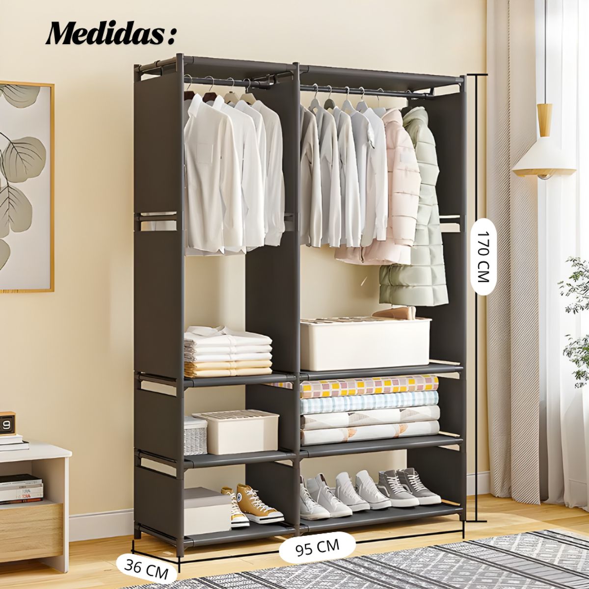 SM - ROPERO ARMARIO 2 CUERPOS METALICO ORGANIZADOR NEGRO