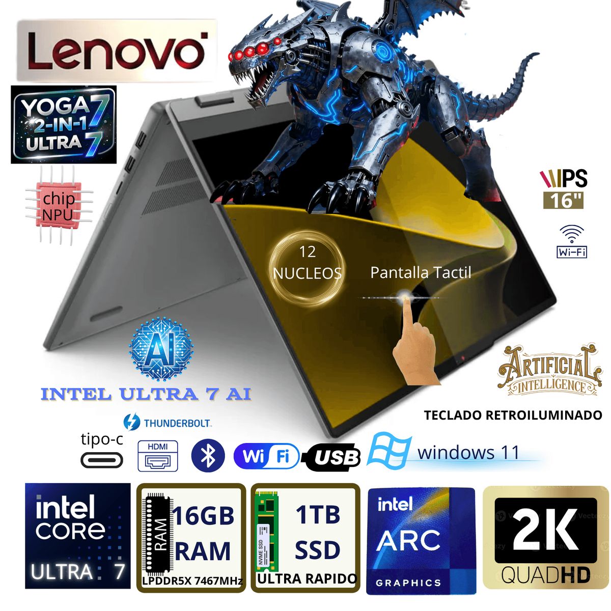 LENOVO - Laptop Lenovo Yoga 7 2-en-1 16” Ultra 7 155U 16GB RAM 1TB SSD  Pantalla Táctil Con IA Windows 11