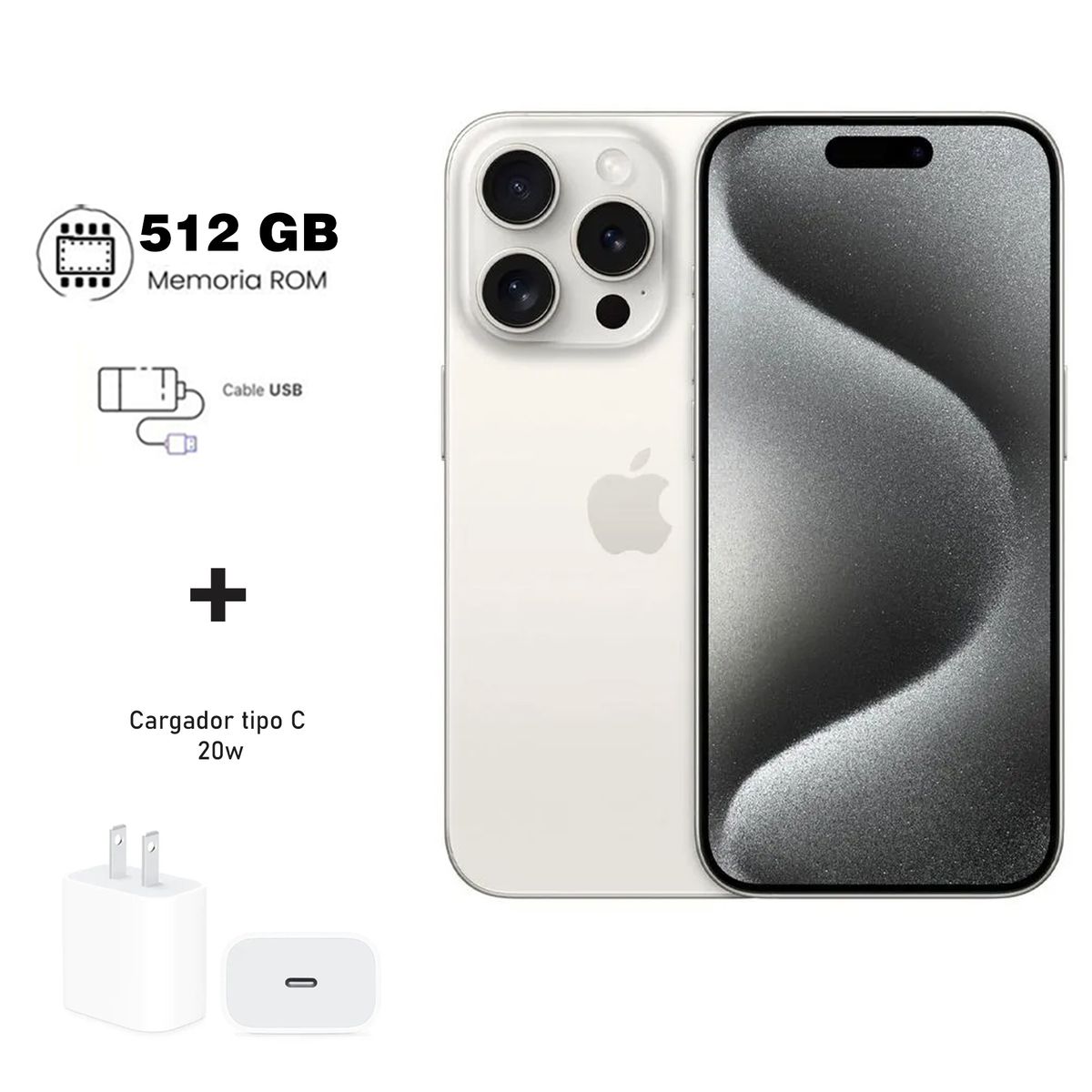 Apple Iphone 15 Pro Max 512gb Blanco 5G + Kit de carga. Reacondicionado Grado A+ A2849, marca APPLE - Foto Principal